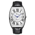 Men's tonneau quartz watch with white Roman dial, blue hands, and black leather strap - Silver Case White Dial Roman Numerals