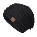 Winter black knit beanie with waffle texture and warm thick fleece lining for cold weather - Solid Black