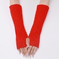 Red cable knit fingerless gloves with diamond pattern and ribbed cuffs for winter warmth - One Size / Red