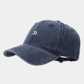 Detail view of navy blue washed cotton baseball cap with white embroidered letter D - Adjustable / Navy Blue