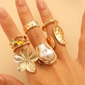 Vintage Ring-Set in Gold mit Barockperlen, Blumenmuster und bunten Edelsteinen für Damen - 18K Echtgold Farbiger Edelstein Stil (WG-1071)