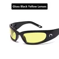 Glossy black hip-hop sunglasses with yellow lenses and crescent moon metal logo - Glossy Black Frame Yellow Lens