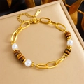 Gold stainless steel link bracelet with white pearls and oval tiger eye stone charm - Tiger Eye Pearl Link Chain Style (B1489)