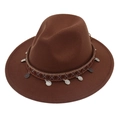 Detail of bohemian fedora hat with ethnic woven band and silver-tone coin charms - Coffee