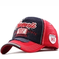 Vintage red and blue washed denim baseball cap with Hawaii 3D embroidery and distressed edges - 56-61CM (Adjustable) / Red & Black