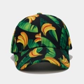Detailed front view of black baseball cap with tropical yellow banana and leaf print - Black Banana Palm Style