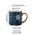 400ml blue vertical striped ceramic mug with brown handle and white spiral pattern - Spiral / Single Cup