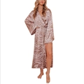 Detail of zebra print satin robe featuring a side slit and elegant floor-length hemline - Red Grey Zebra Print