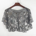 Elegant grey mesh cape with intricate silver sequins in a paisley pattern for women - Gray