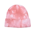 Close-up of pink and white tie-dye ribbed knit beanie featuring warm folded cuff texture - One Size / Pink White Tie-Dye (#5)