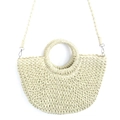 Close-up of semi-circular straw woven bag with round handles and metal hook strap - Detachable Strap Style / Large / Off White