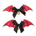 Detail of bat wing hair clips with red and black leather, bows and golden bells - Lolita Red Bat Hair Clips