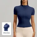 Giacca da yoga slim fit Whale Blue con colletto rialzato e chiusura lampo integrale - Blu Balena