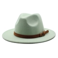 Detail of mint green wool fedora with brown leather band and gold buckle accent - Mint Green
