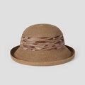 Detail of elegant brown straw sun hat with geometric wave pattern decorative ribbon - M(56-58cm) / Khaki