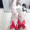 Calze bianche Lolita con stampa a cuori rossi e fiocchi in raso per cosplay - Cuore Bianco