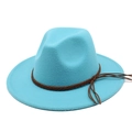 Detailed view of sky blue wool fedora hat with brown braided leather belt and tassels - M (56-58cm) / Lake Blue