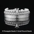 Silver vintage titanium steel bracelet set with crown charm and Roman numeral bangle - Steel Color 9 Pineapple Beads