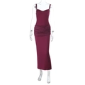 Detail of burgundy evening dress featuring intricate lace patchwork at the waistline - S / Burgundy