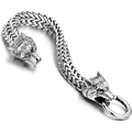 Silver stainless steel Franco link bracelet featuring detailed Viking wolf head clasps - 21cm / Silver Wolf Head