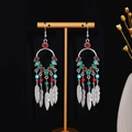 Bohemian retro oval earrings in antique silver finish with colorful beads and feathers - Red Green Blue Multicolor Beaded Feather Style (E5239-1)