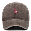 Close-up of pink flamingo embroidery on vintage washed dark grey cotton baseball cap - Adjustable / Coffee
