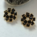 Vintage style geometric circle earrings with black square zircons and gold edges - Black