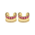 Triple layer gold ear cuff with rose red and white zircon stones in C-shape design - Rose Red Stone Gold Style (JQH0135-GG-2) / 24K