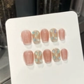 Uñas postizas ojo de gato blanco jazmín con purpurina y piedras de aurora - Extra Pequeño (XS) / Estilo de Diamante Triturado de Té de Jazmín Claro (1345-Trapezoide Extra Corto)