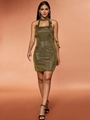 Sexy gouden halter mini-jurk met metallic glans en bloemenapplicaties details - XS / Goud