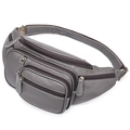 Versatile dark grey leather waist bag with multiple zippers and white contrast stitching - Gray