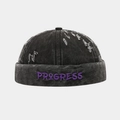Detail of black washed denim miki hat with purple PROGRESS embroidery and distressed holes - Adjustable / Black