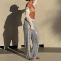 Detail of silver sequin wide-leg pants showing sparkling texture in natural outdoor light - S / Silver Long Pants