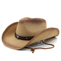 Macro view of woven straw cowboy hat with silver bull skull ornament and leather band - M (56-58cm) / Gradient Khaki Coffee
