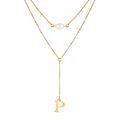 Y-shaped gold stainless steel necklace with white pearl and letter P pendant - Letter P Style (NC-1930G-P)