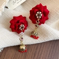Ethnic red flower tassel earrings with vintage gold bells on a soft knit background - 65# Silver Earring Post - Red