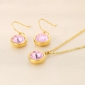 Golden stainless steel jewelry set with pink round zircon pendant necklace and earrings - 2-Piece Set (Necklace+Earrings) / Gold Pink
