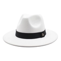 Detail view of white wool fedora with black ribbon band and golden metal M letter charm - M (56-58cm) / White