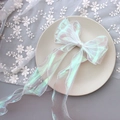 Detail of a large iridescent organza bow hair clip with silver glitter edges on lace fabric - 1225 Iridescent White