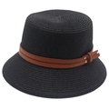 Classic black straw bucket hat with dark brown leather belt trim for sun protection - One Size / Black