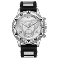Men's sports quartz watch with silver metal case and black silicone strap on white background - Black Strap Silver Case White Face
