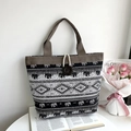 Ethnic canvas tote bag with black and white elephant print and brown handles - Style 5 (B&W Elephant)