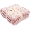 Pink leopard pattern knit throw blanket with plush texture and cream gift ribbon wrap - 75x90cm 350g / Pink + White