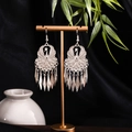 Ethnic Miao silver earrings with peacock design and long tassels in vintage silver finish - Peacock Tassel (E6204-17) / Silver