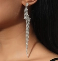 Luxurious silver tassel drop earrings featuring multiple rows of sparkling white crystals - Silver Zigzag Multi-Row Extra Long Tassel Earrings DTE1816130S