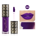 Matte purple liquid lipstick shade 09 with gold branding and vibrant lip swatches - No.9 Purple