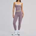 Lavendel yoga set met witte bies, racerback tanktop en legging met hoge taille - S / Tank + Lange Broek / Taropaars