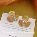 Vintage gold petal earrings with crystal center and hammered metal texture details - A2477 Gold Hammered Crystal Flower