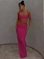 Detail of rose red two-piece set featuring a halter crop top and high slit maxi skirt - Rose Red