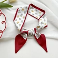 Elegant deep red floral skinny scarf with small flower print and contrast border - Red Border Small Rice Flower